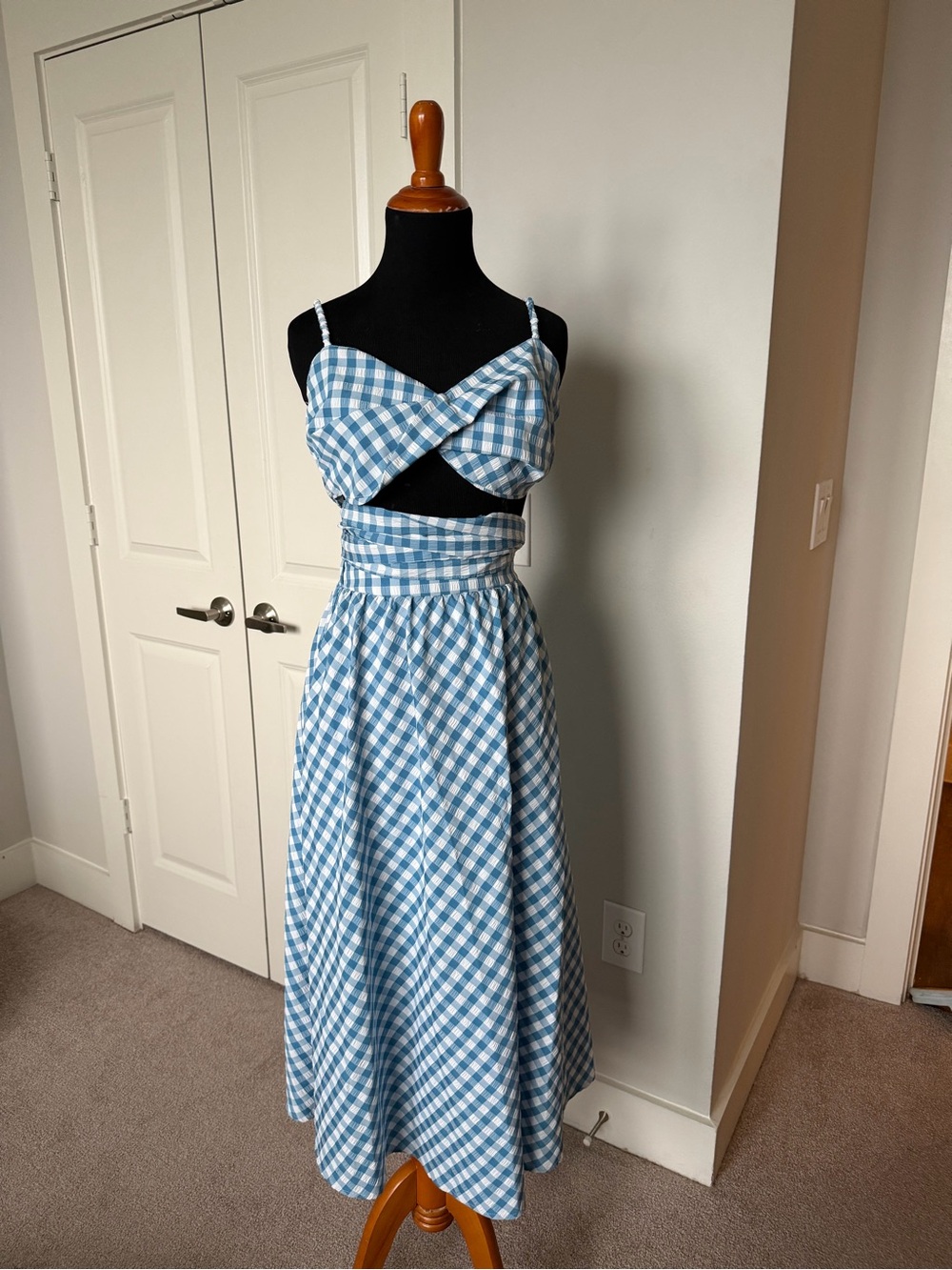 Blue Gingham Two-Piece Midi Dress